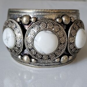 Vintage Silvertone Cuff Bracelet Semi-Precious Stones